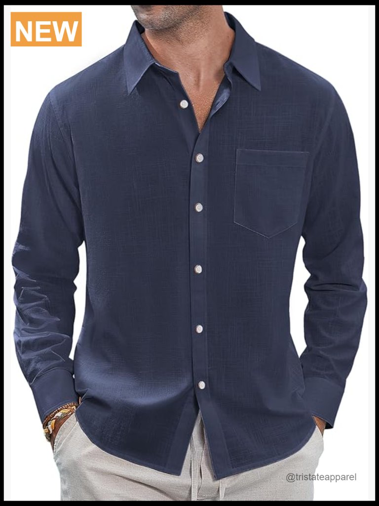 Linen Button Down Shirt Long Sleeve Spread Collar Casual